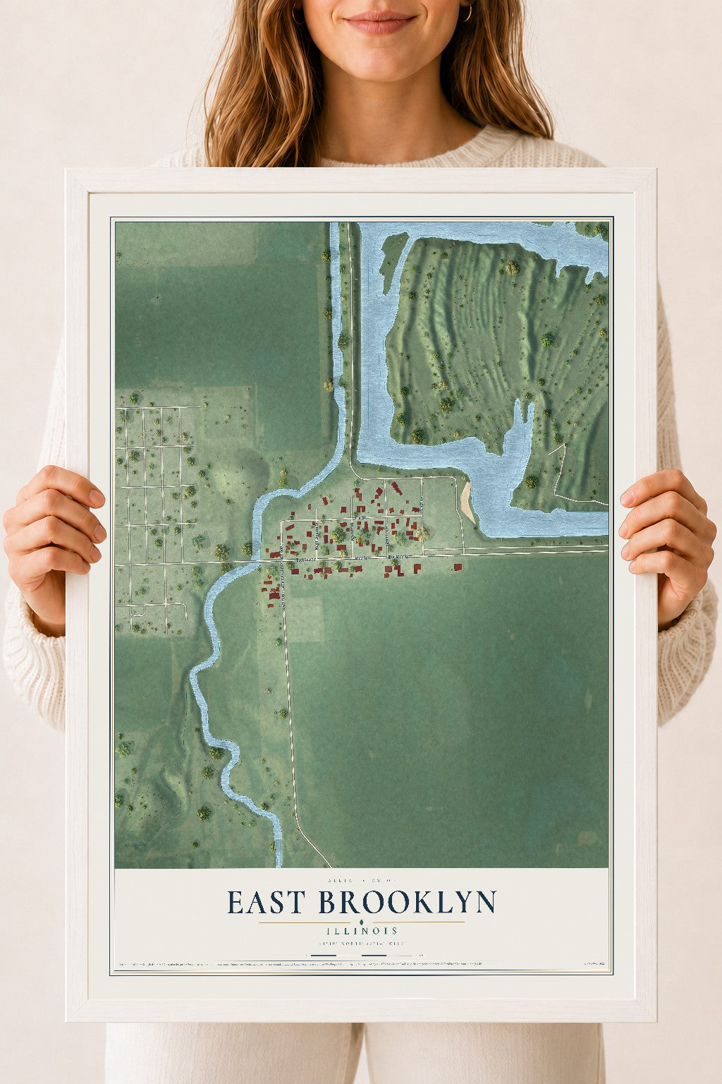 Map of East Brooklyn, Illinois, 18 x 24 inch print in a white wood frame