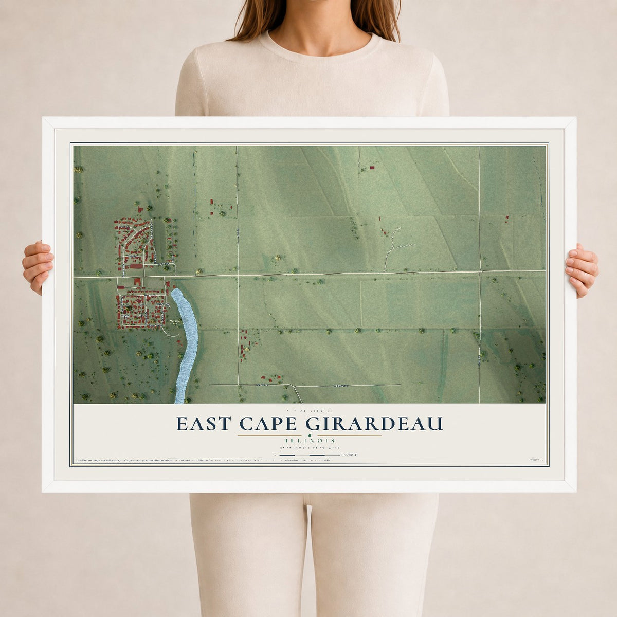 Map of East Cape Girardeau, Illinois, 24 x 36 inch print in a white wood frame