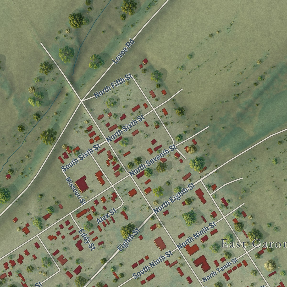 Second close-up of the map of East Carondelet, Illinois print showing more streets and buildings