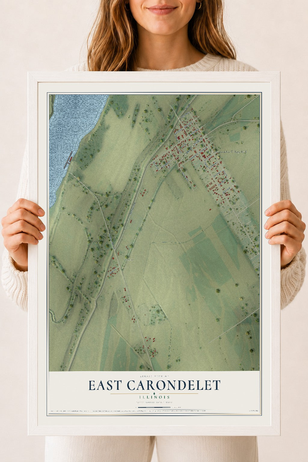 Map of East Carondelet, Illinois, 18 x 24 inch print in a white wood frame