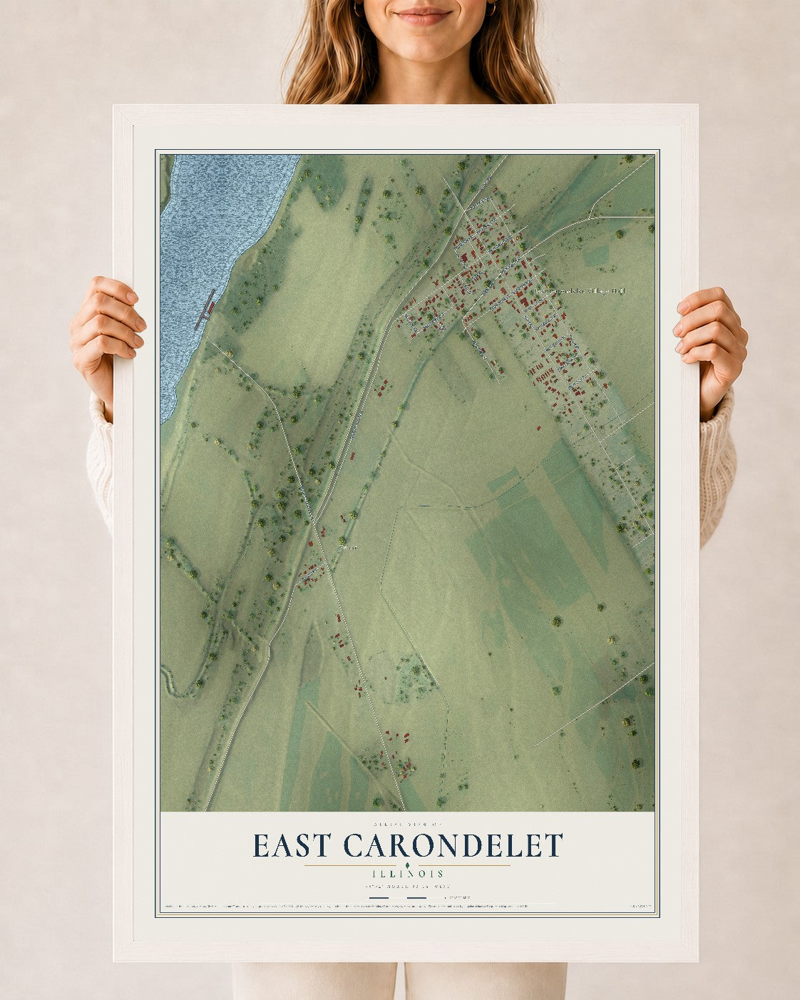 Map of East Carondelet, Illinois, 24 x 36 inch print in a white wood frame