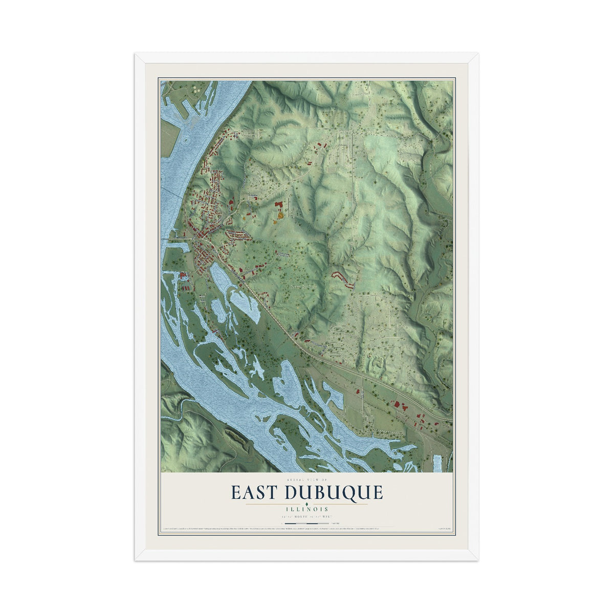 Map of East Dubuque, Illinois, 12 x 18 inch print in a white wood frame