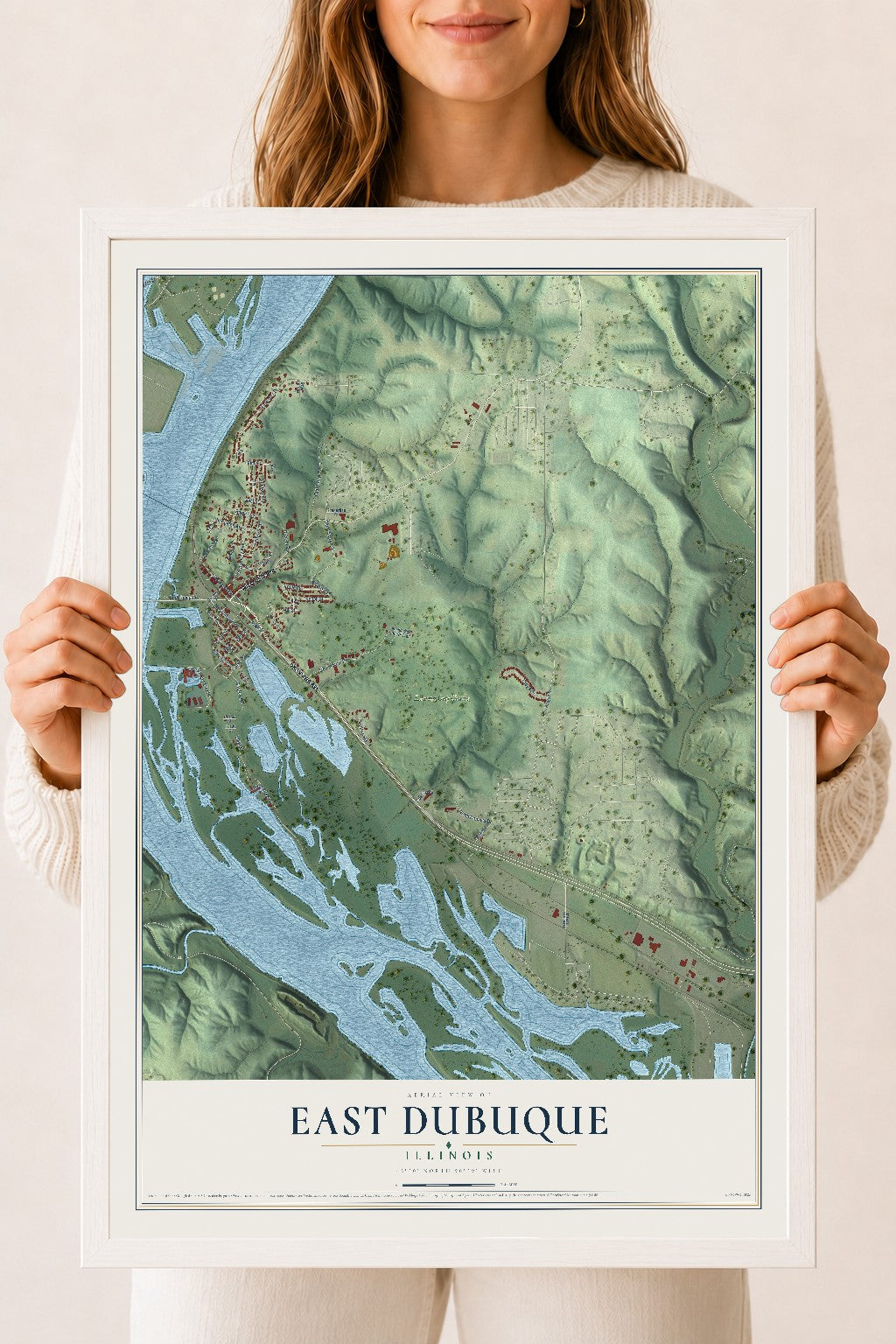 Map of East Dubuque, Illinois, 18 x 24 inch print in a white wood frame