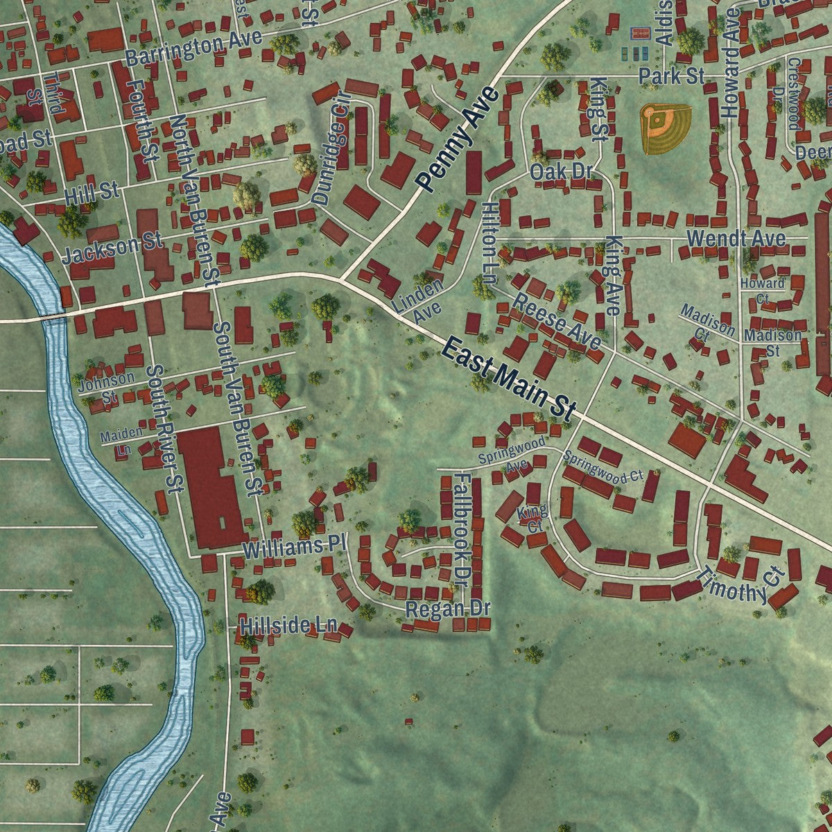 Close-up of the map of East Dundee, Illinois print showing street and building detail