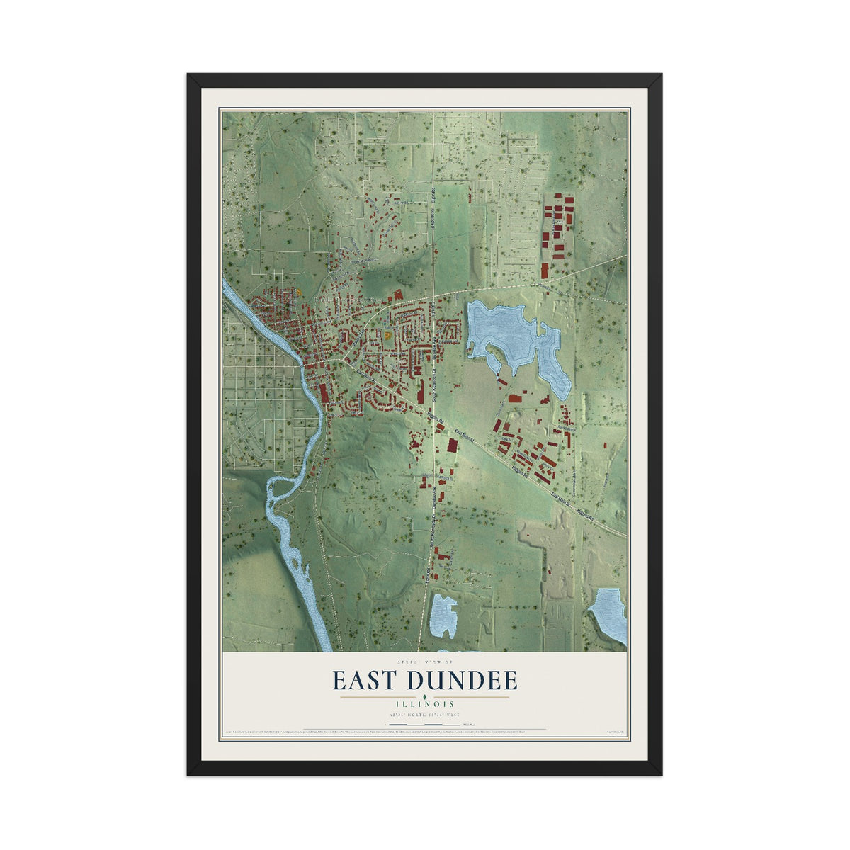 Map of East Dundee, Illinois, 12 x 18 inch print in a black wood frame