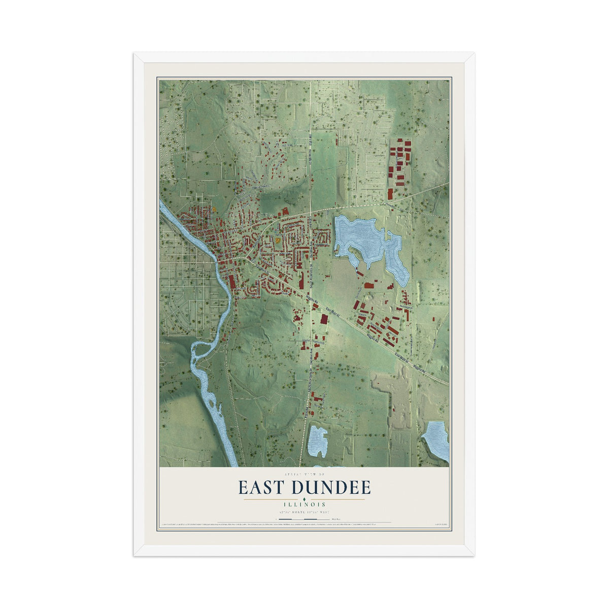 Map of East Dundee, Illinois, 12 x 18 inch print in a white wood frame