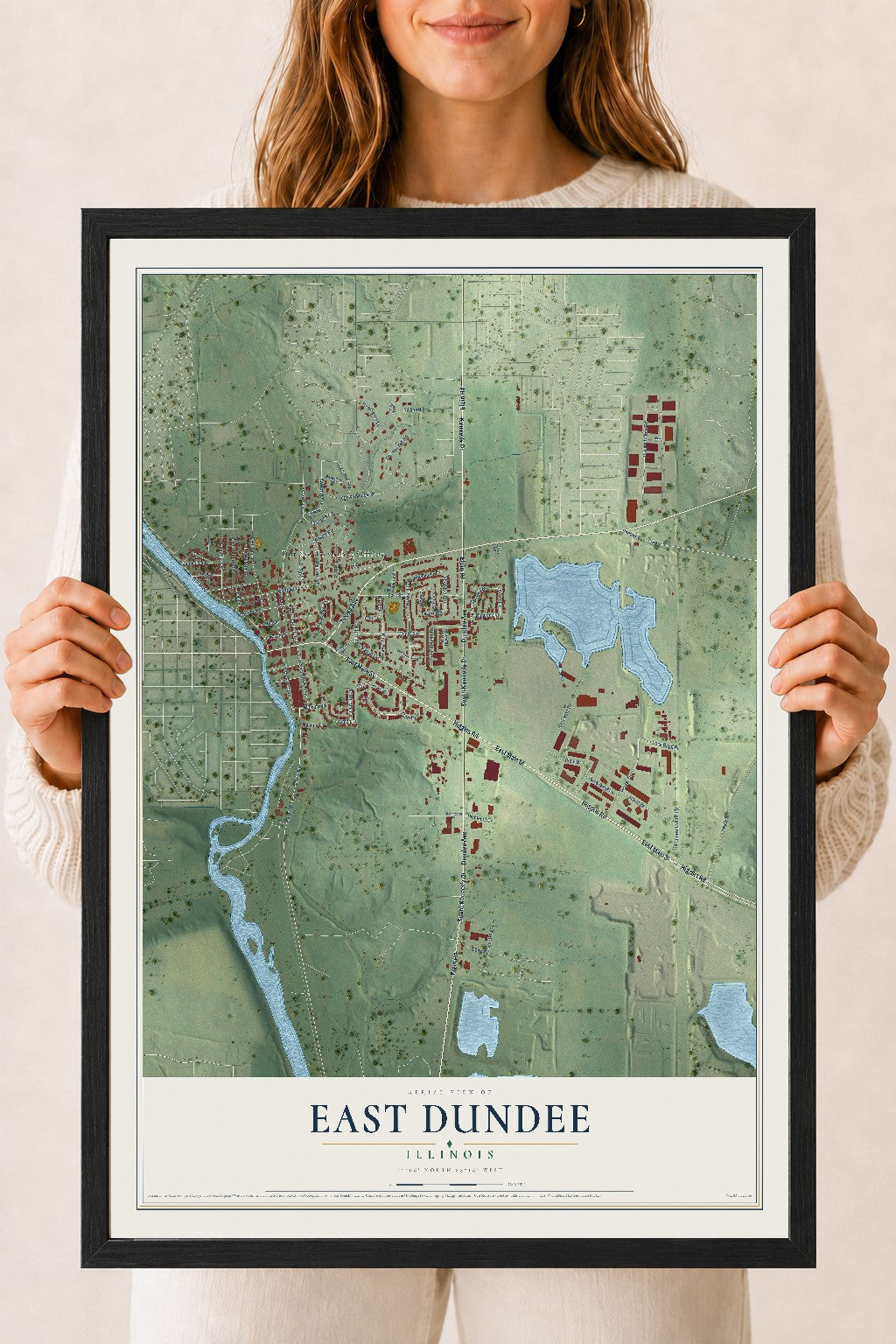 Map of East Dundee, Illinois, 18 x 24 inch print in a black wood frame