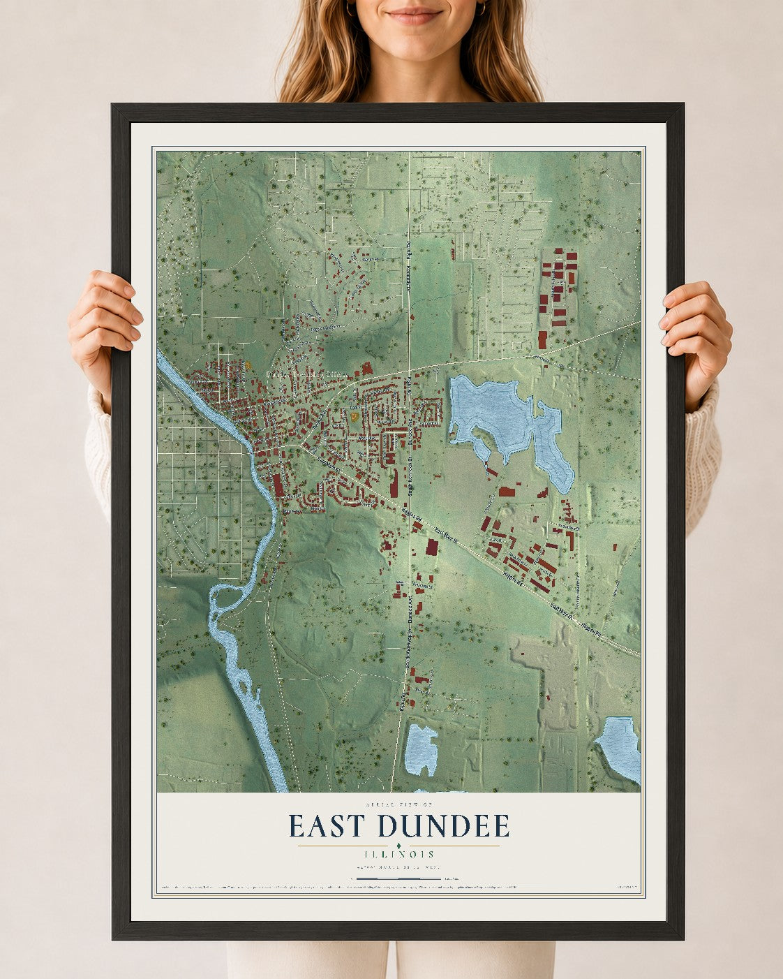 Map of East Dundee, Illinois, 24 x 36 inch print in a black wood frame