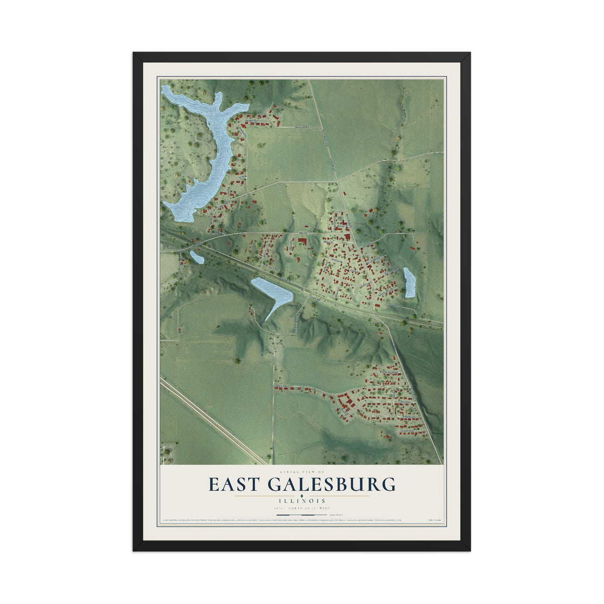 Map of East Galesburg, Illinois, 12 x 18 inch print in a black wood frame