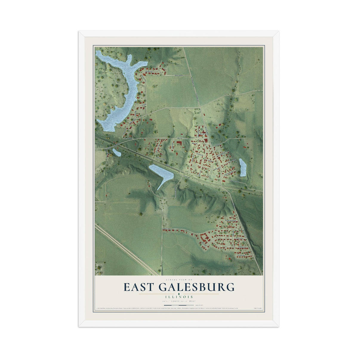 Map of East Galesburg, Illinois, 12 x 18 inch print in a white wood frame