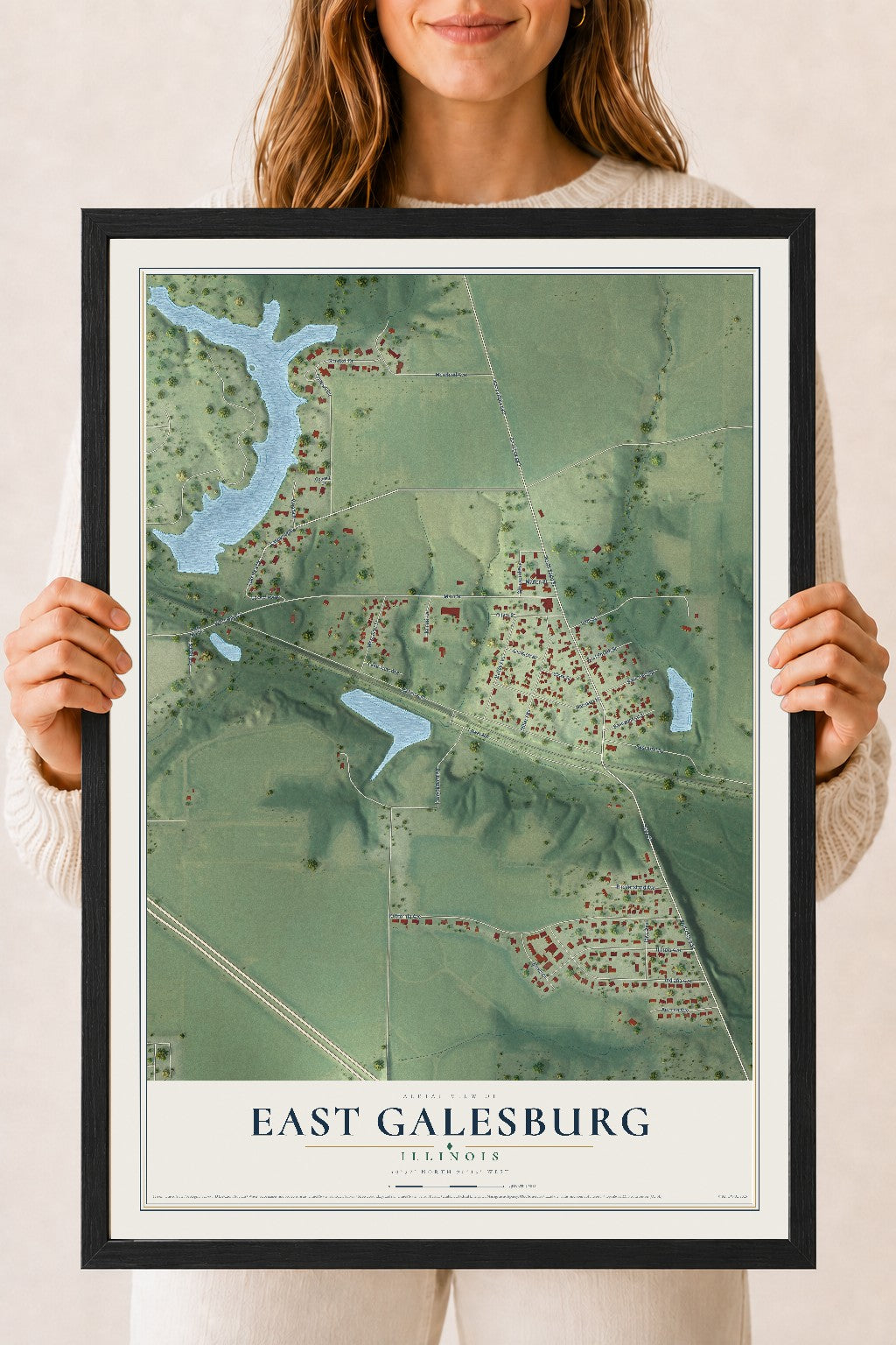 Map of East Galesburg, Illinois, 18 x 24 inch print in a black wood frame