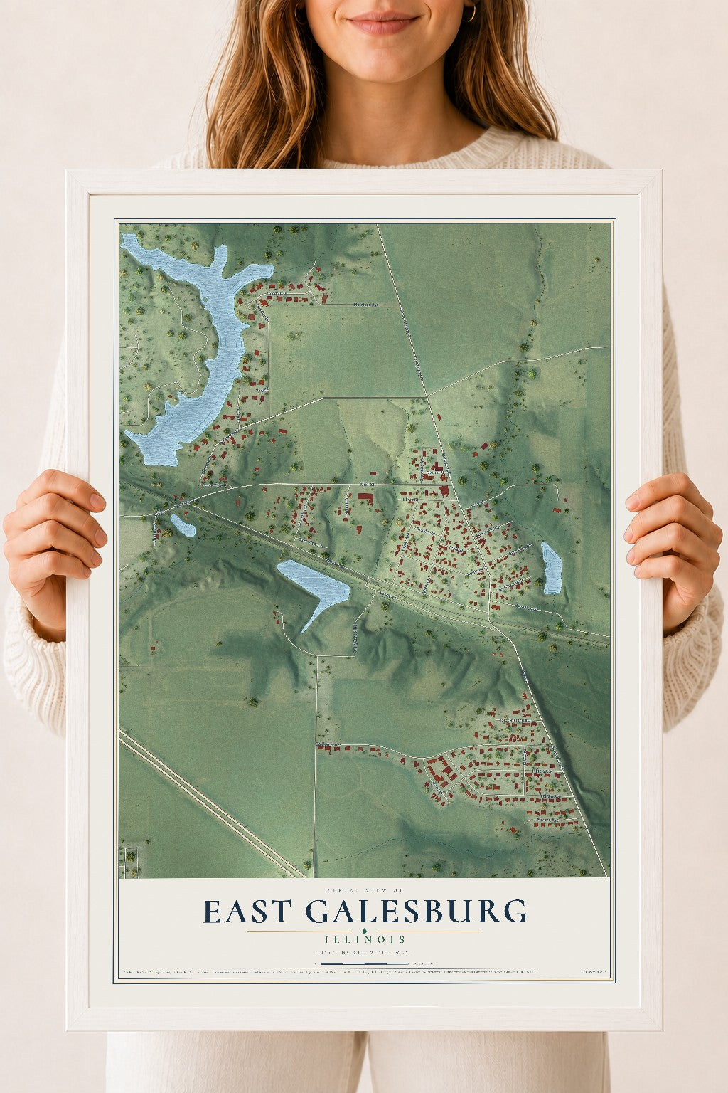 Map of East Galesburg, Illinois, 18 x 24 inch print in a white wood frame