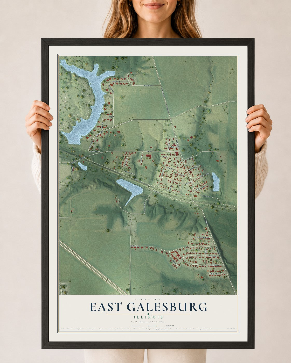 Map of East Galesburg, Illinois, 24 x 36 inch print in a black wood frame