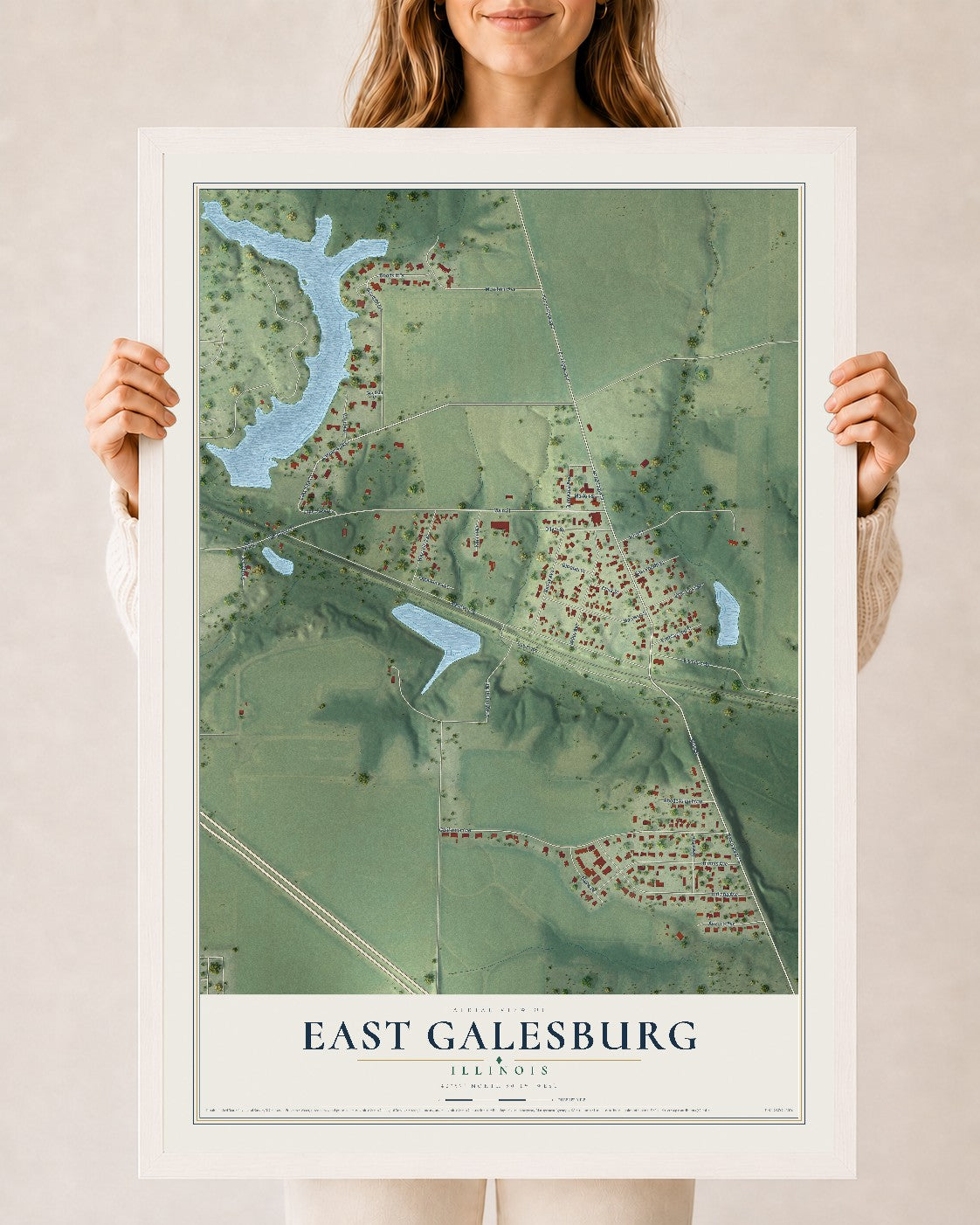 Map of East Galesburg, Illinois, 24 x 36 inch print in a white wood frame