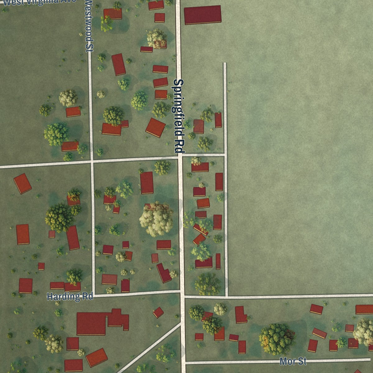 Second close-up of the map of East Gillespie, Illinois print showing more streets and buildings