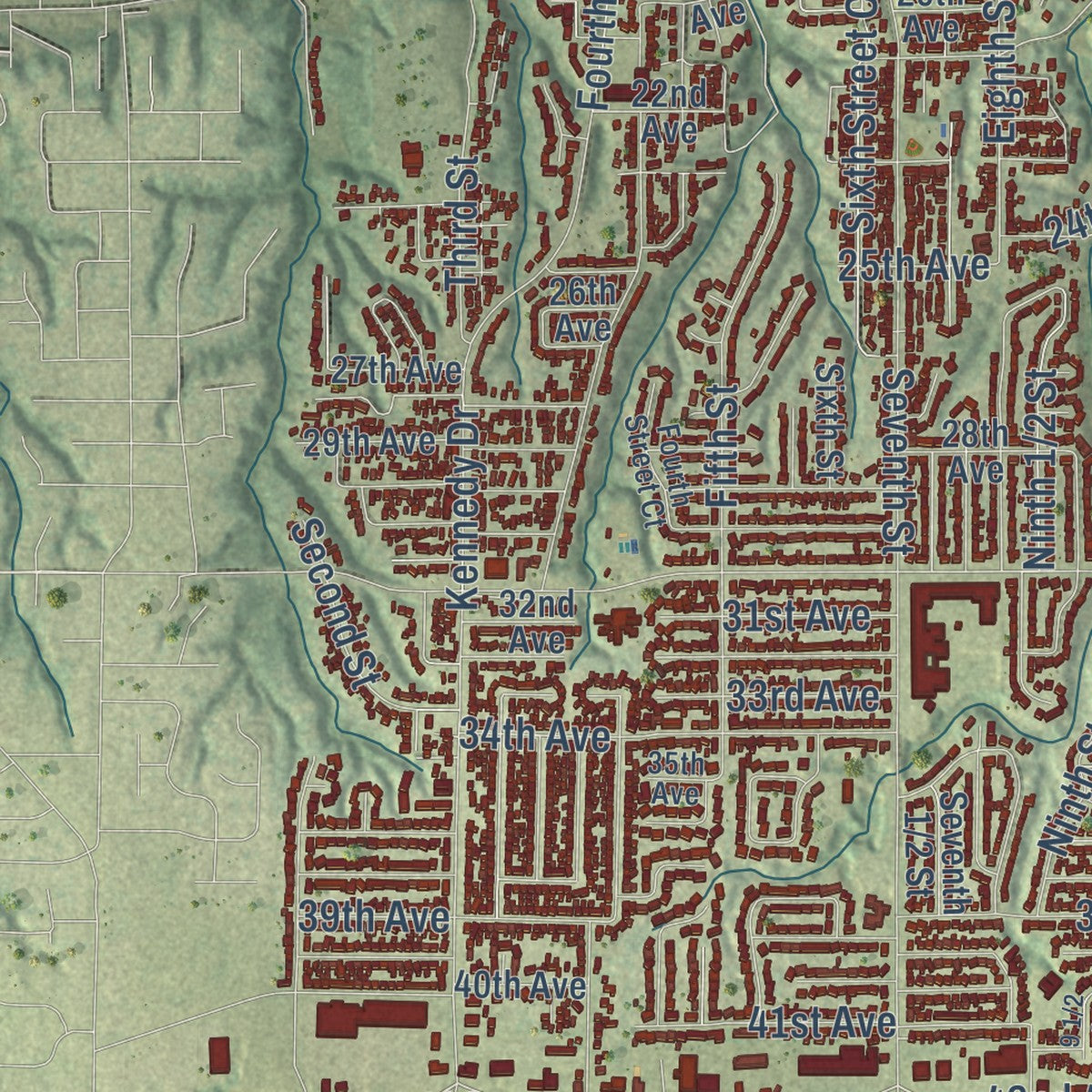 Close-up of the map of East Moline, Illinois print showing street and building detail