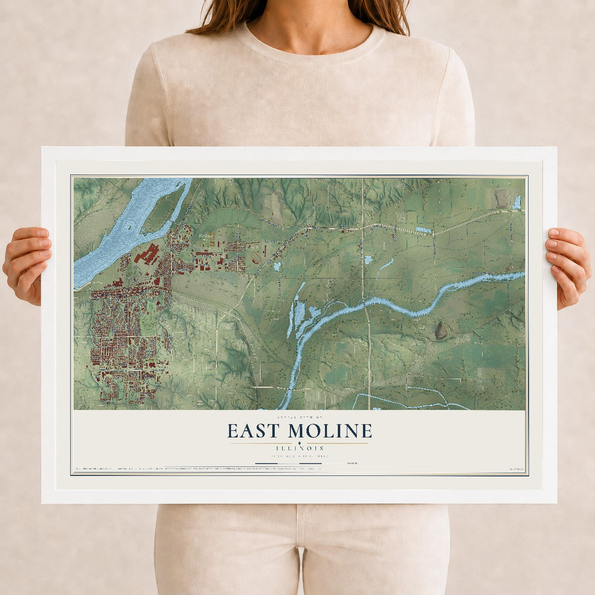 Map of East Moline, Illinois, 12 x 18 inch print in a white wood frame