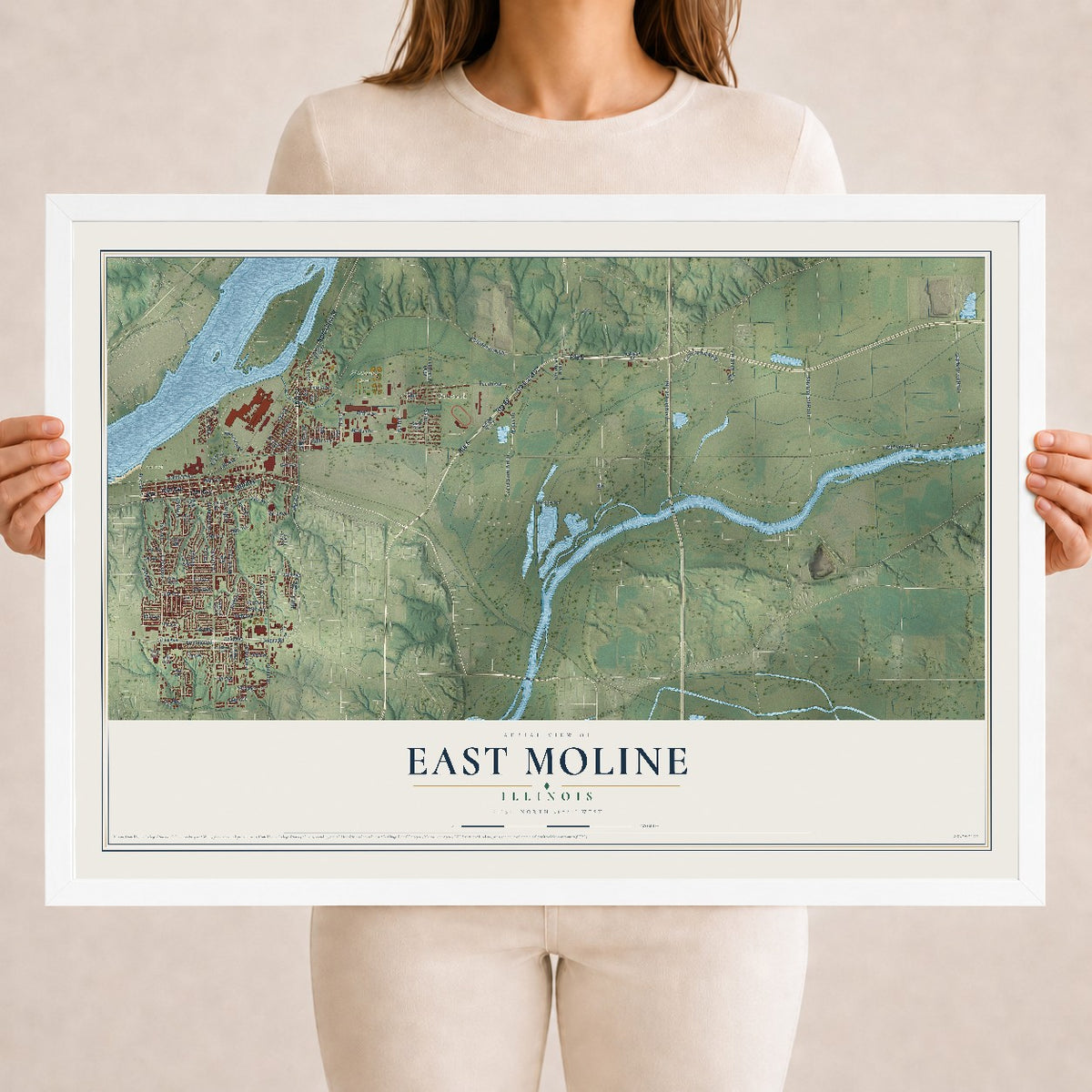 Map of East Moline, Illinois, 18 x 24 inch print in a white wood frame