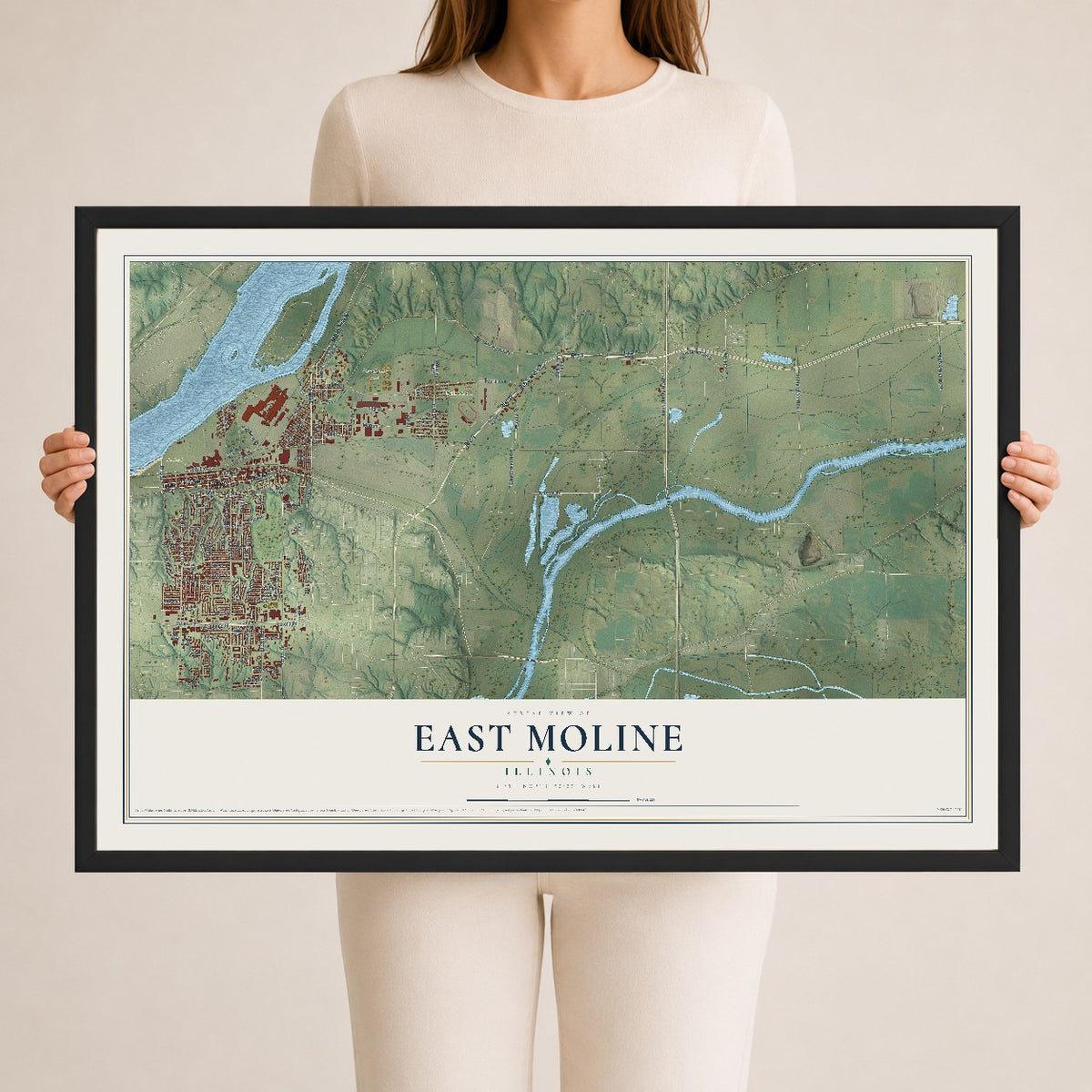 Map of East Moline, Illinois, 24 x 36 inch print in a black wood frame