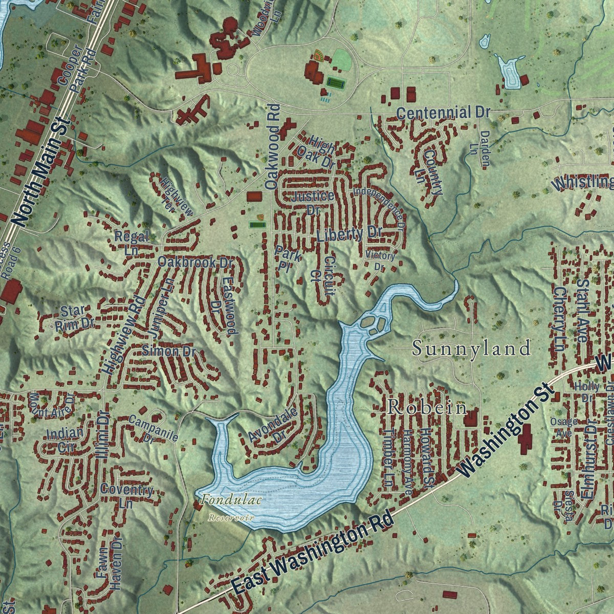 Close-up of the map of East Peoria, Illinois print showing street and building detail