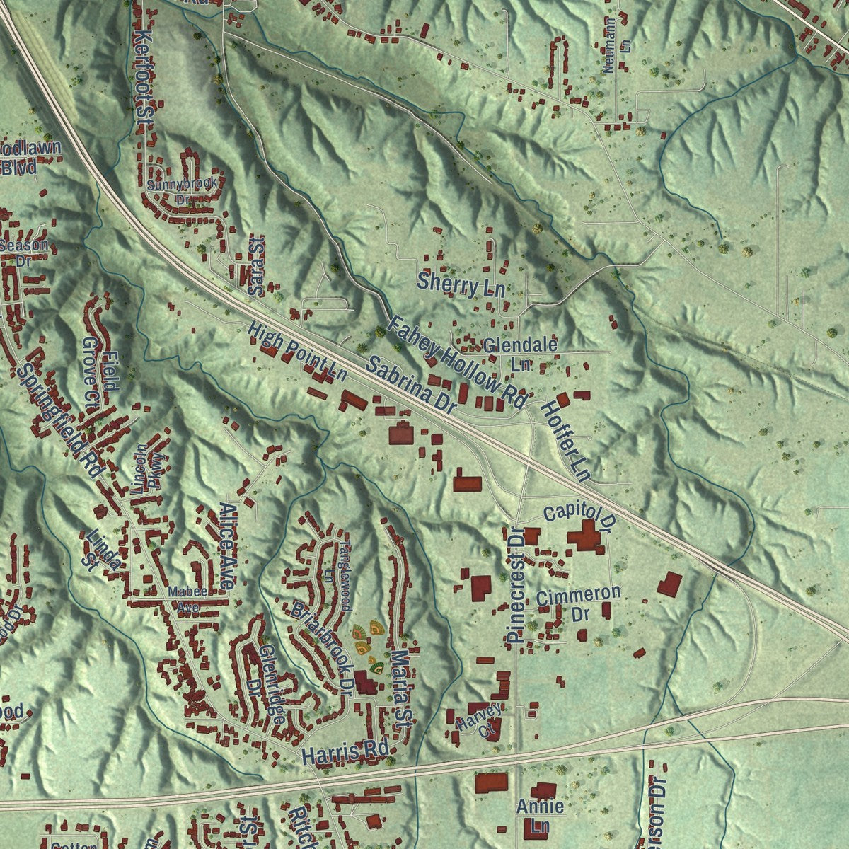Second close-up of the map of East Peoria, Illinois print showing more streets and buildings