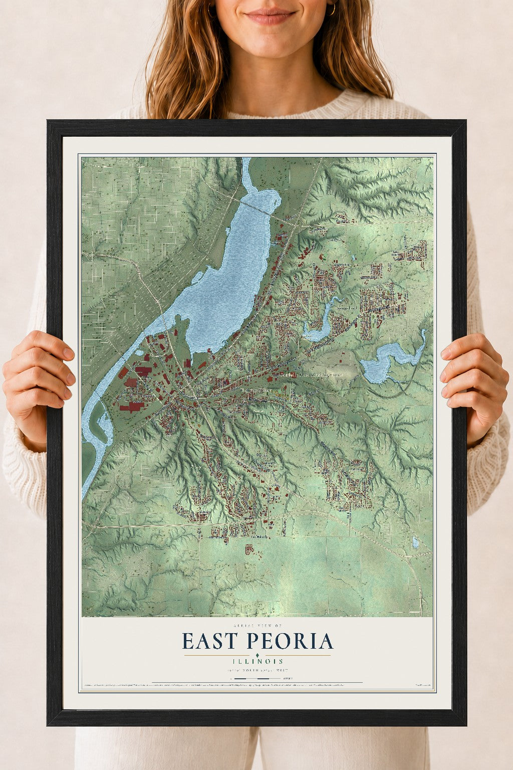 Map of East Peoria, Illinois, 18 x 24 inch print in a black wood frame