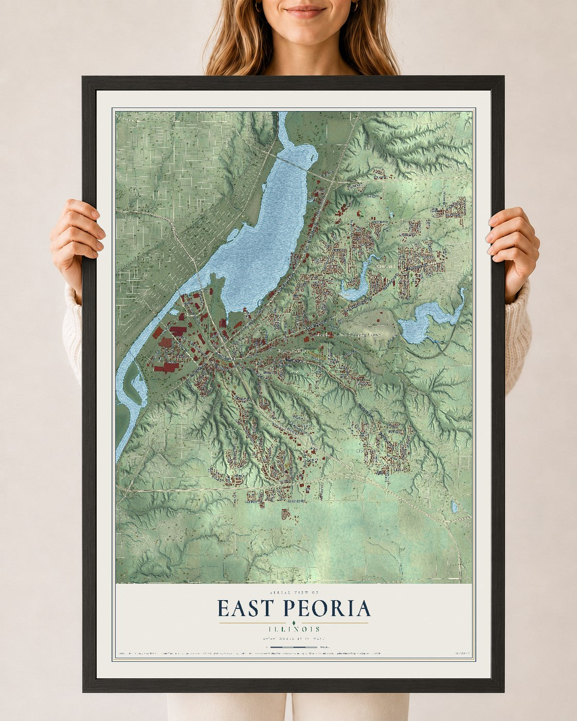 Map of East Peoria, Illinois, 24 x 36 inch print in a black wood frame