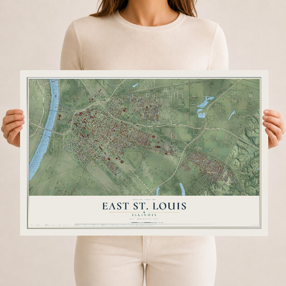 Map of East St. Louis, Illinois, 12 x 18 inch unframed archival matte print