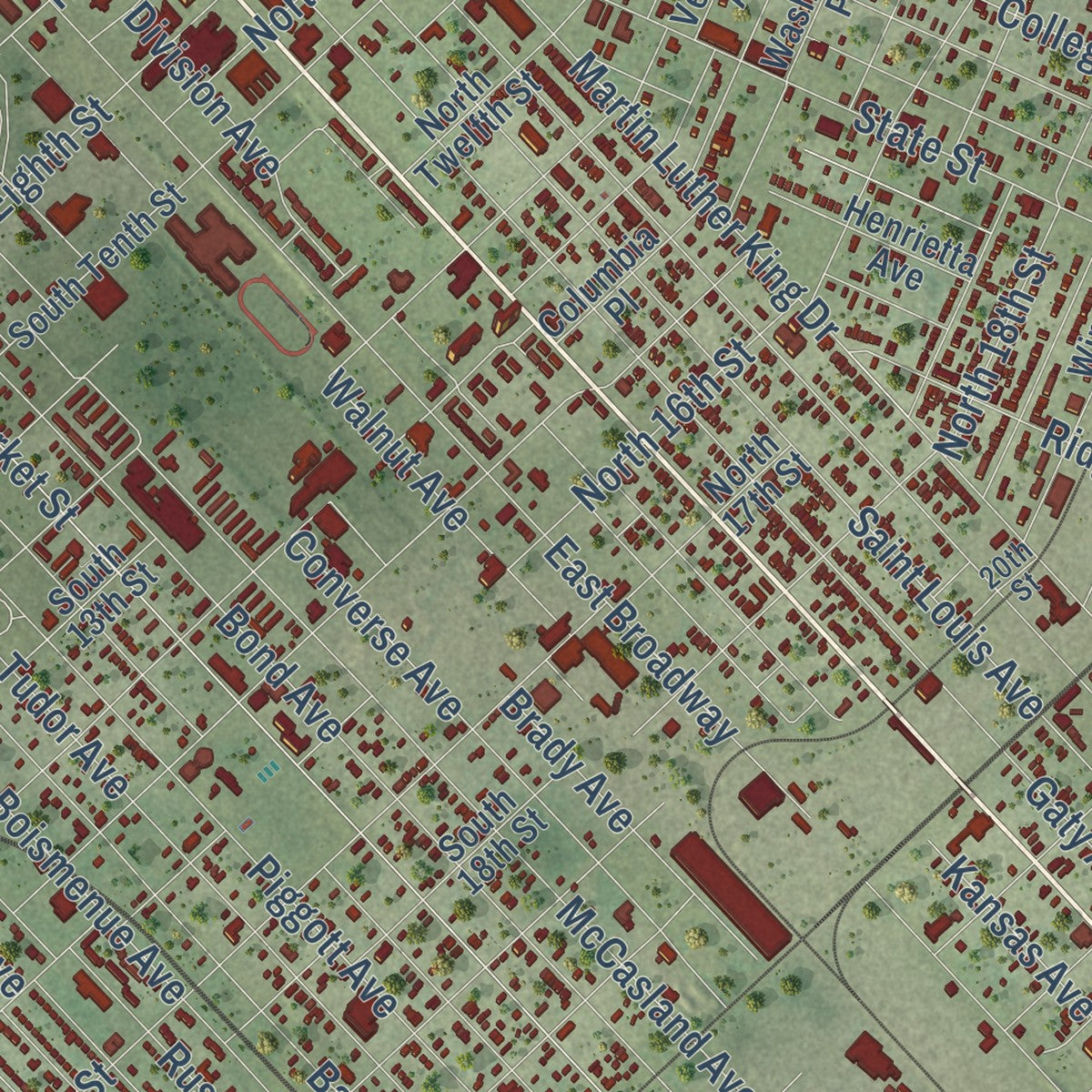 Close-up of the map of East St. Louis, Illinois print showing street and building detail
