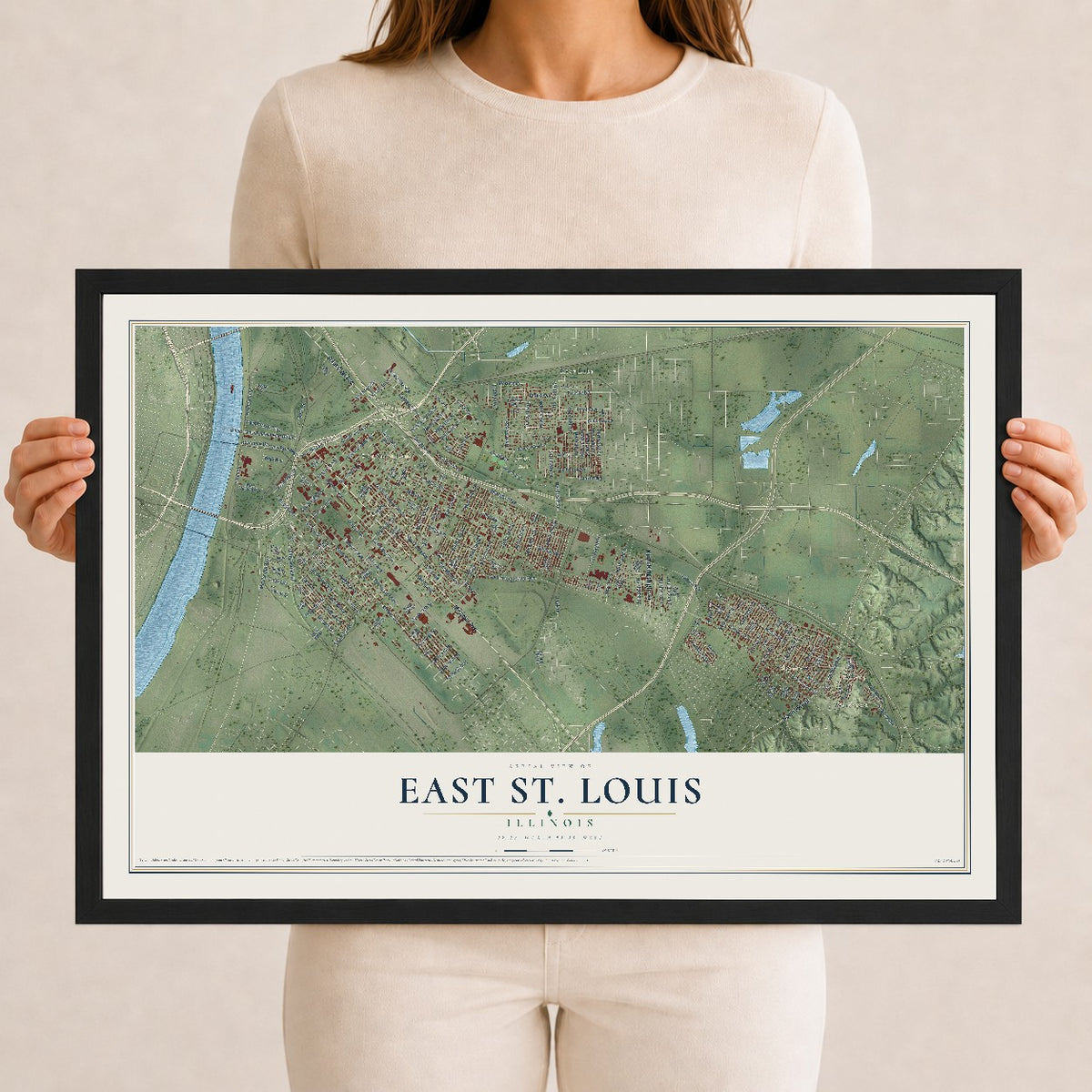 Map of East St. Louis, Illinois, 12 x 18 inch print in a black wood frame