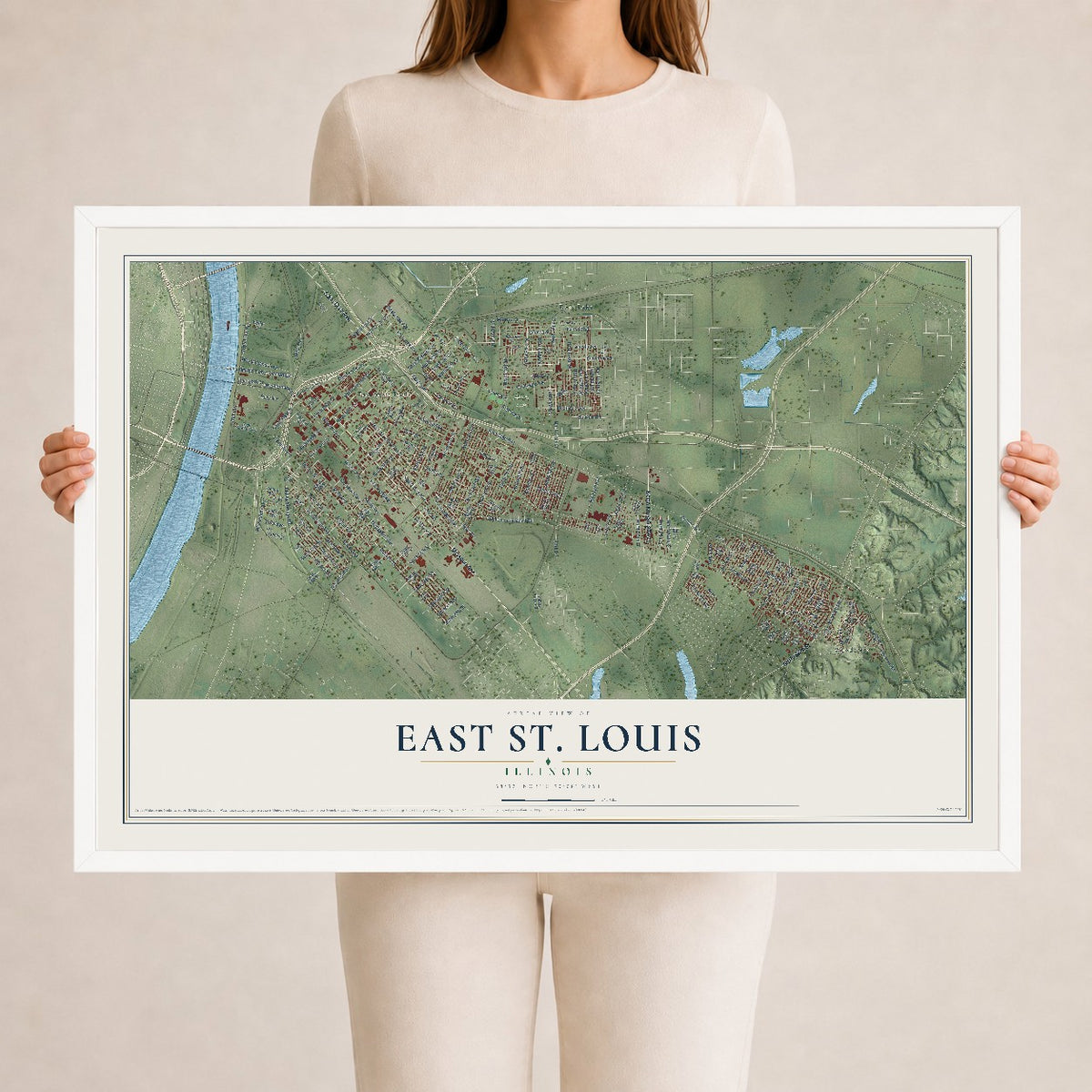 Map of East St. Louis, Illinois, 24 x 36 inch print in a white wood frame