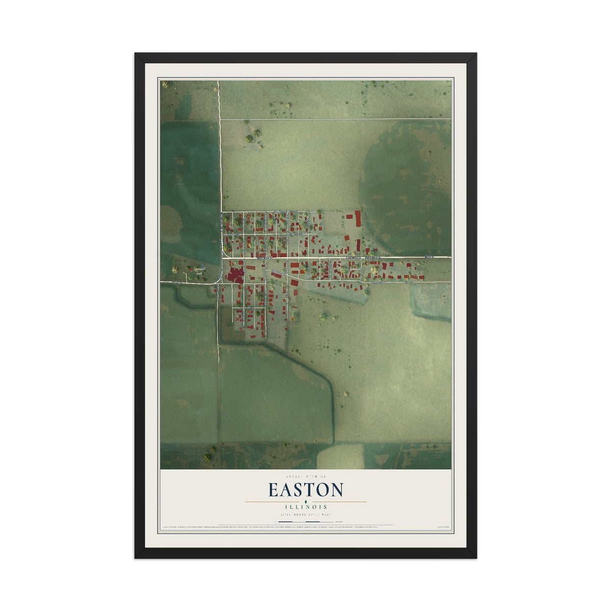 Map of Easton, Illinois, 12 x 18 inch print in a black wood frame