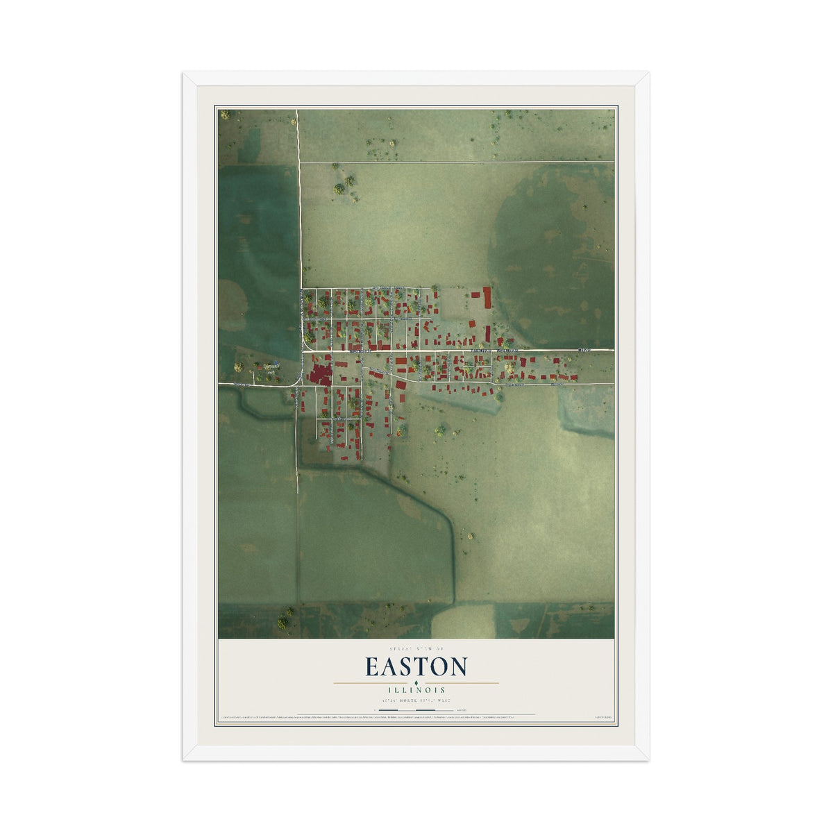 Map of Easton, Illinois, 12 x 18 inch print in a white wood frame