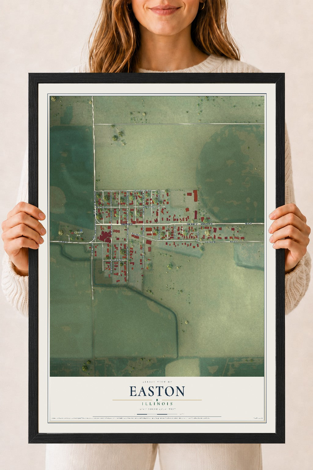 Map of Easton, Illinois, 18 x 24 inch print in a black wood frame