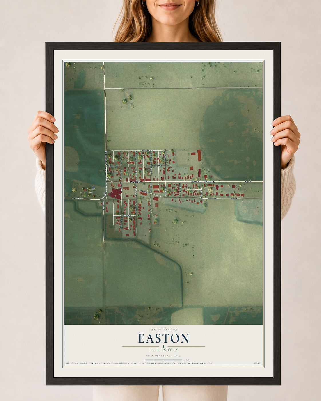 Map of Easton, Illinois, 24 x 36 inch print in a black wood frame