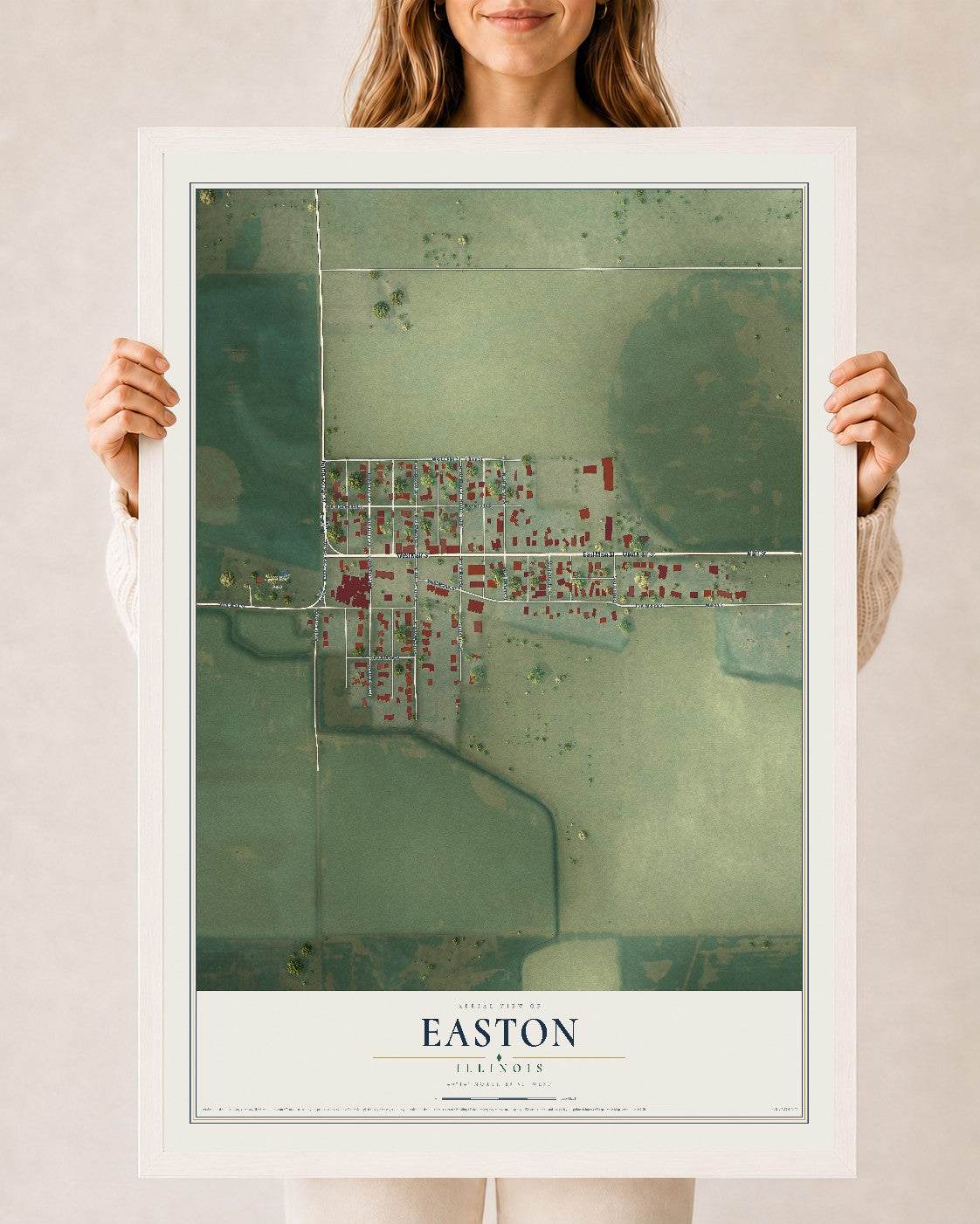Map of Easton, Illinois, 24 x 36 inch print in a white wood frame