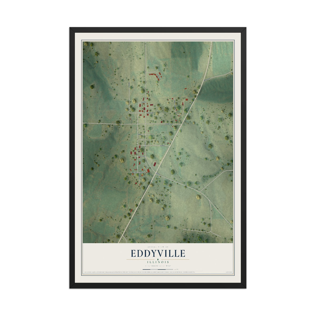 Map of Eddyville, Illinois, 12 x 18 inch print in a black wood frame
