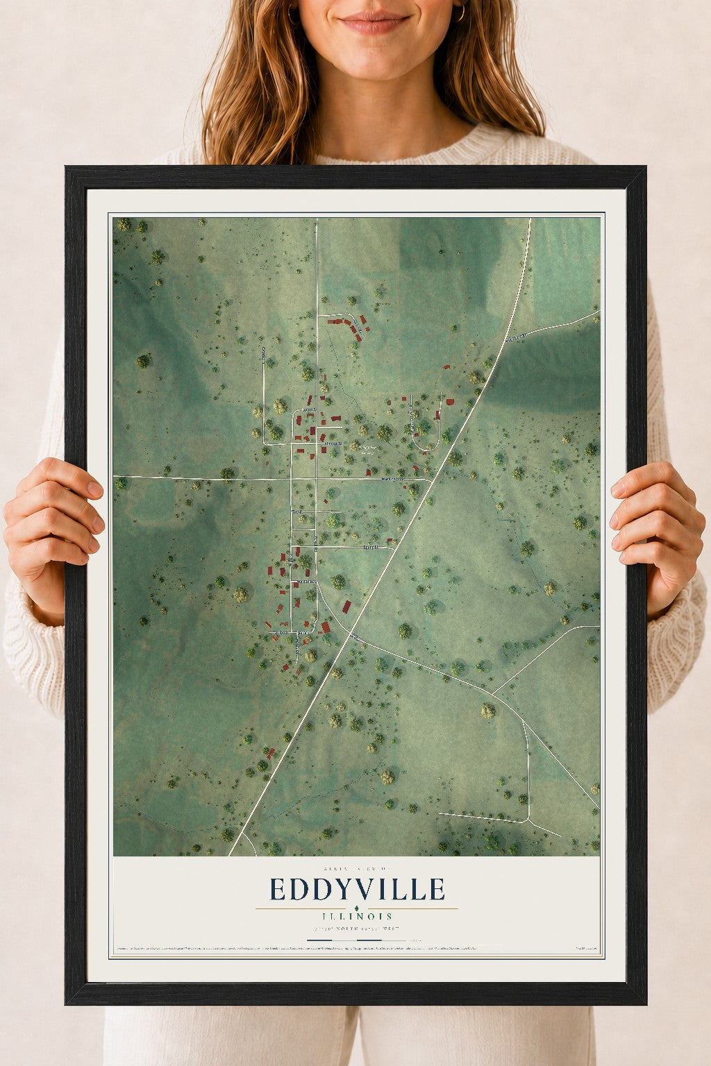Map of Eddyville, Illinois, 18 x 24 inch print in a black wood frame