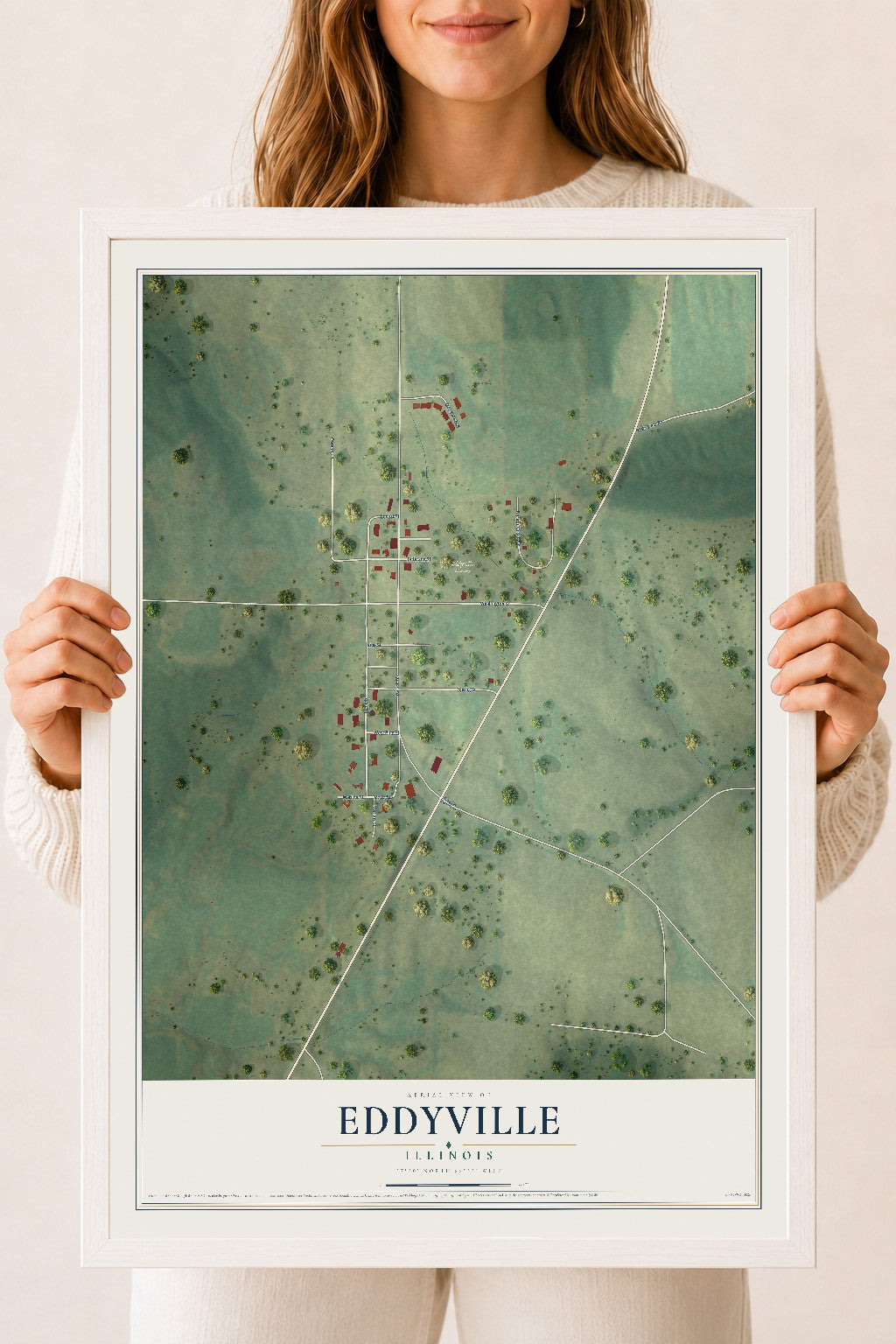 Map of Eddyville, Illinois, 18 x 24 inch print in a white wood frame