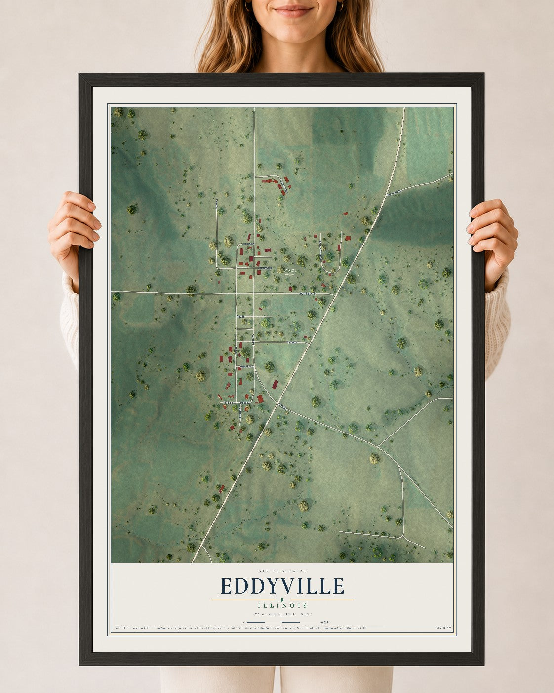 Map of Eddyville, Illinois, 24 x 36 inch print in a black wood frame