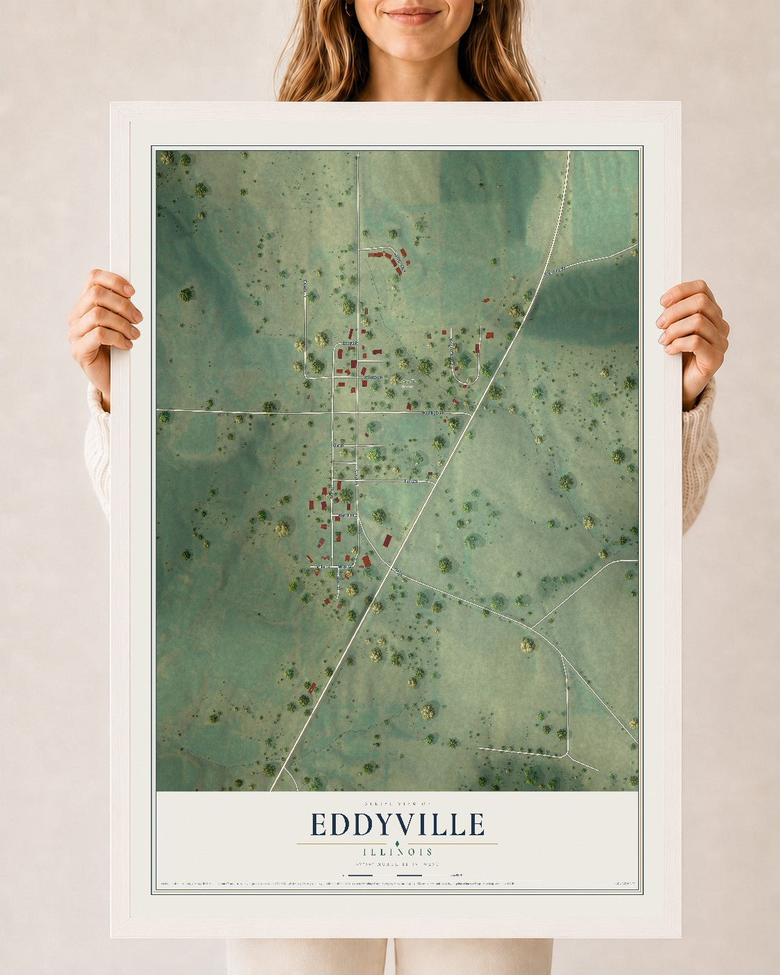 Map of Eddyville, Illinois, 24 x 36 inch print in a white wood frame
