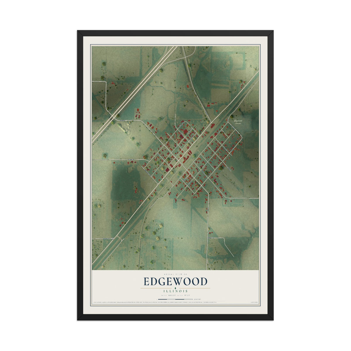 Map of Edgewood, Illinois, 12 x 18 inch print in a black wood frame