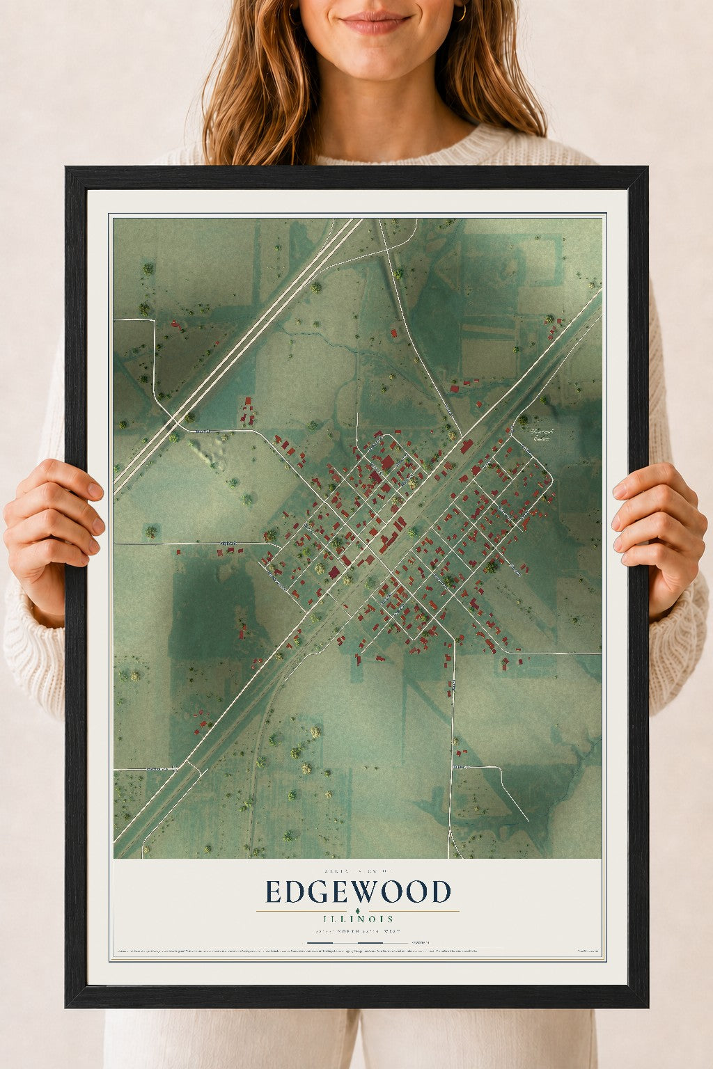 Map of Edgewood, Illinois, 18 x 24 inch print in a black wood frame