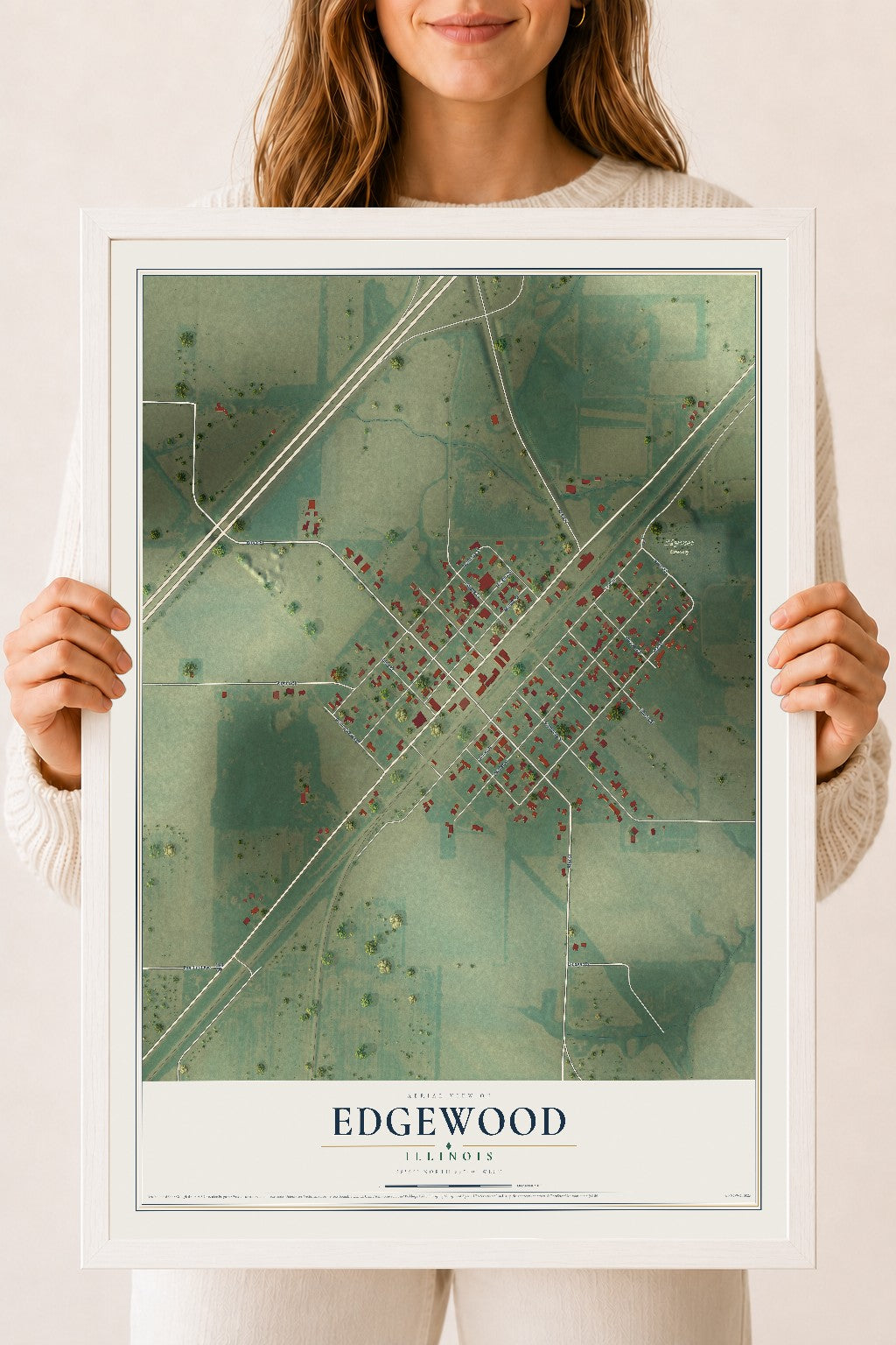 Map of Edgewood, Illinois, 18 x 24 inch print in a white wood frame