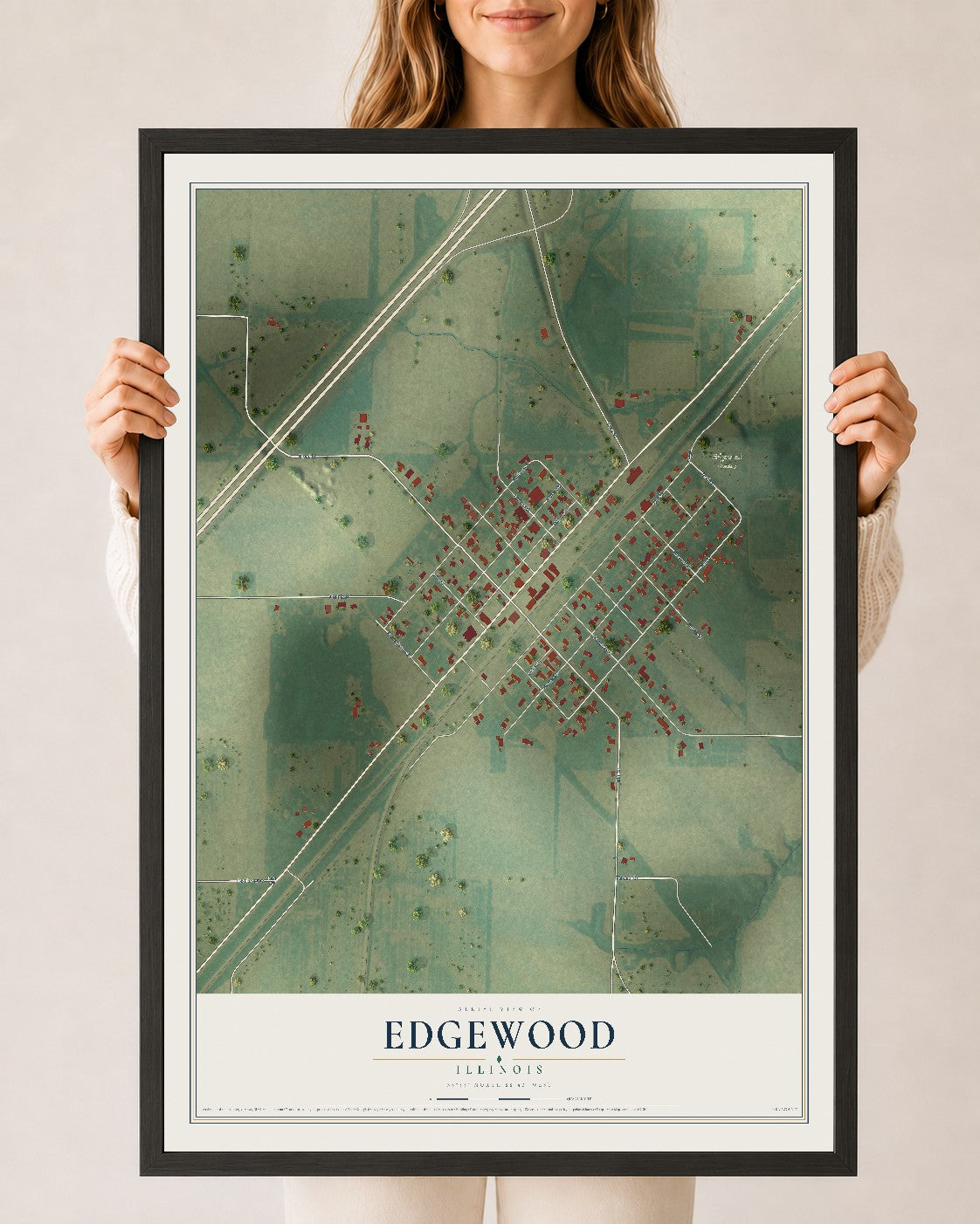 Map of Edgewood, Illinois, 24 x 36 inch print in a black wood frame