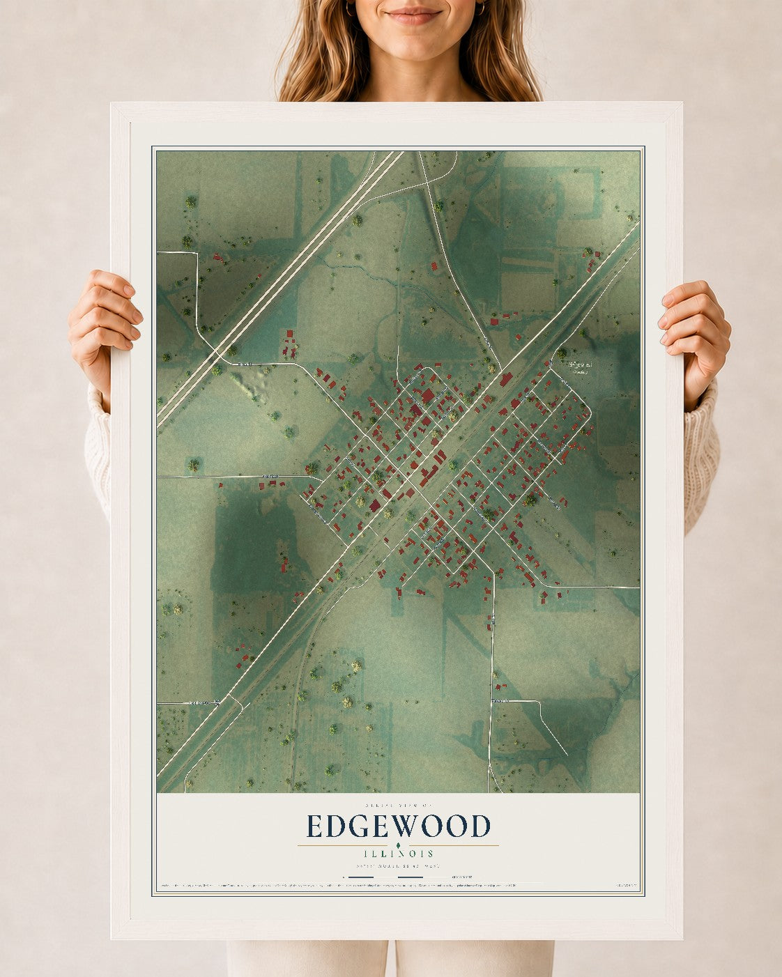 Map of Edgewood, Illinois, 24 x 36 inch print in a white wood frame