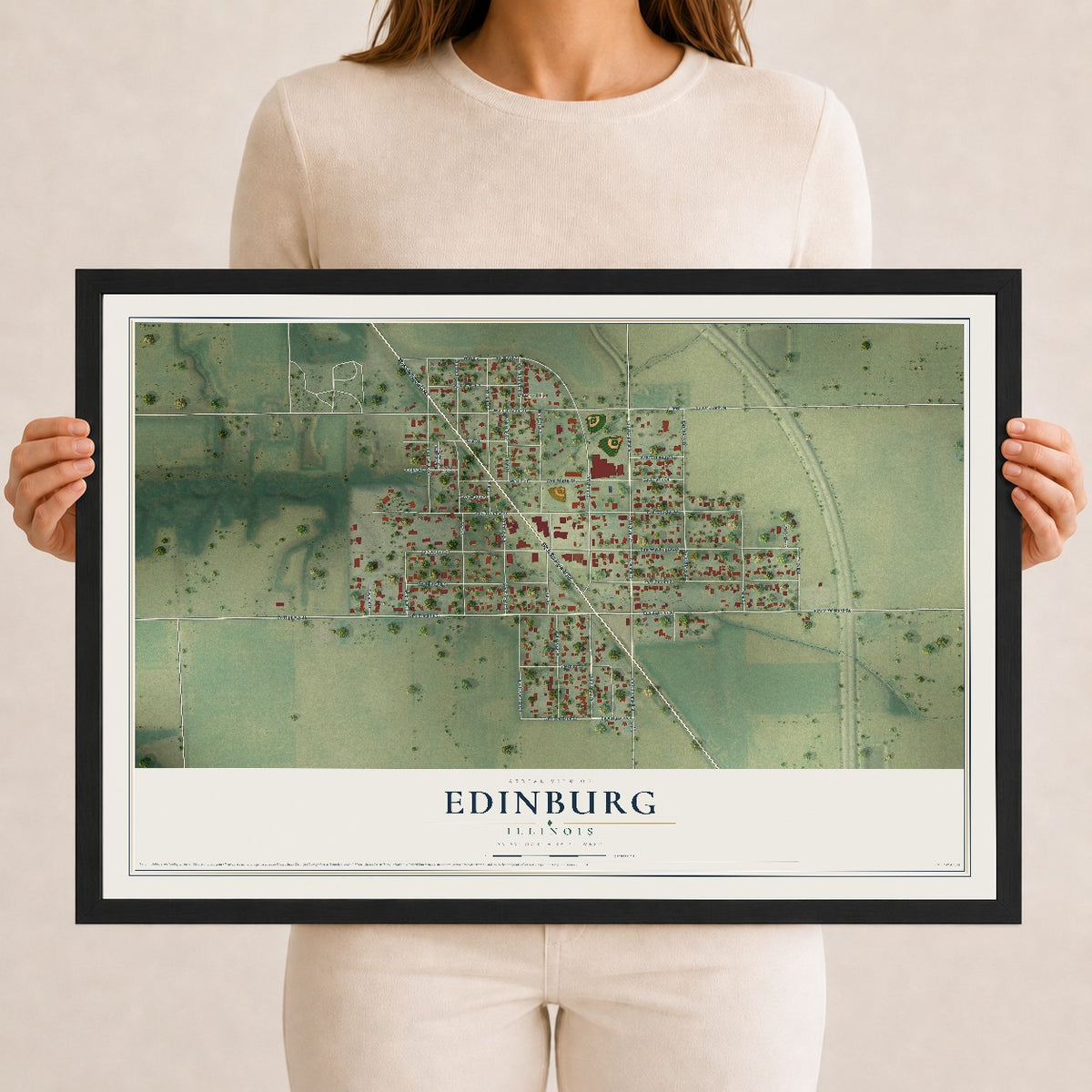 Map of Edinburg, Illinois, 12 x 18 inch print in a black wood frame
