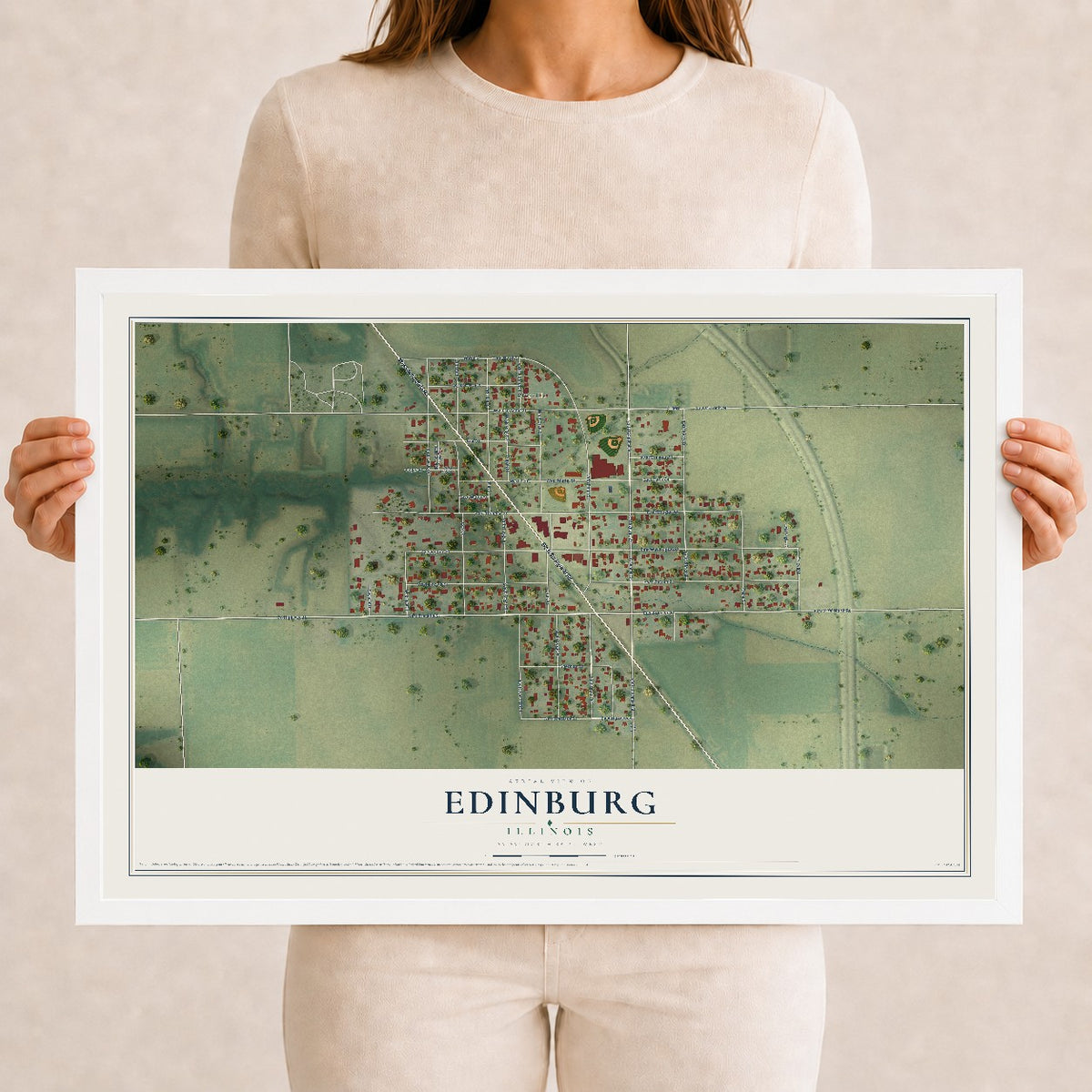 Map of Edinburg, Illinois, 12 x 18 inch print in a white wood frame