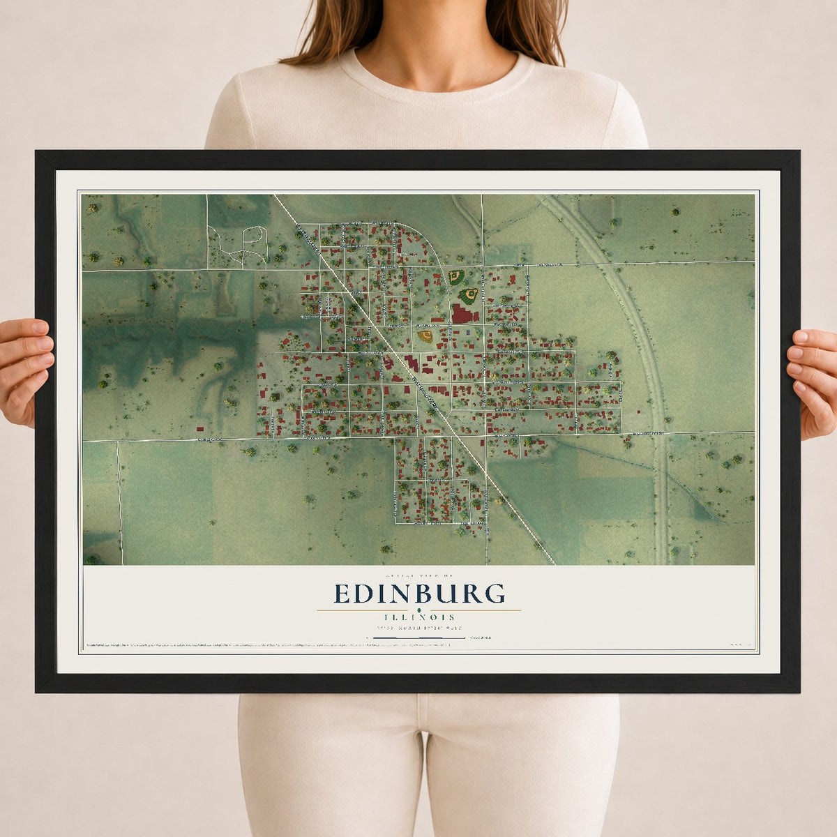 Map of Edinburg, Illinois, 18 x 24 inch print in a black wood frame