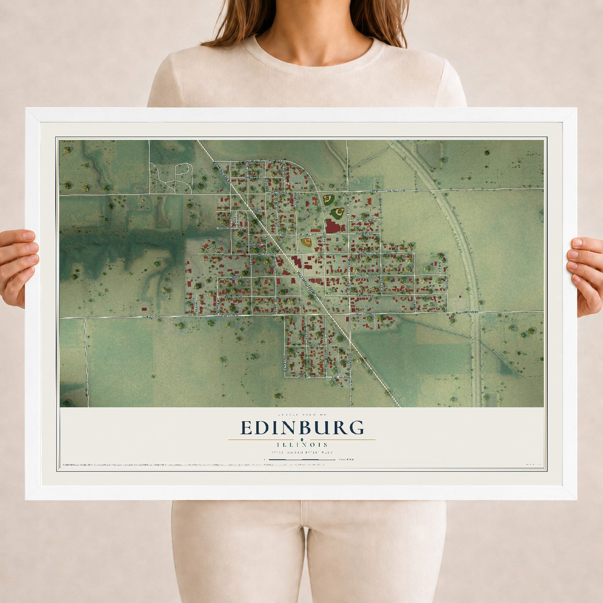 Map of Edinburg, Illinois, 18 x 24 inch print in a white wood frame